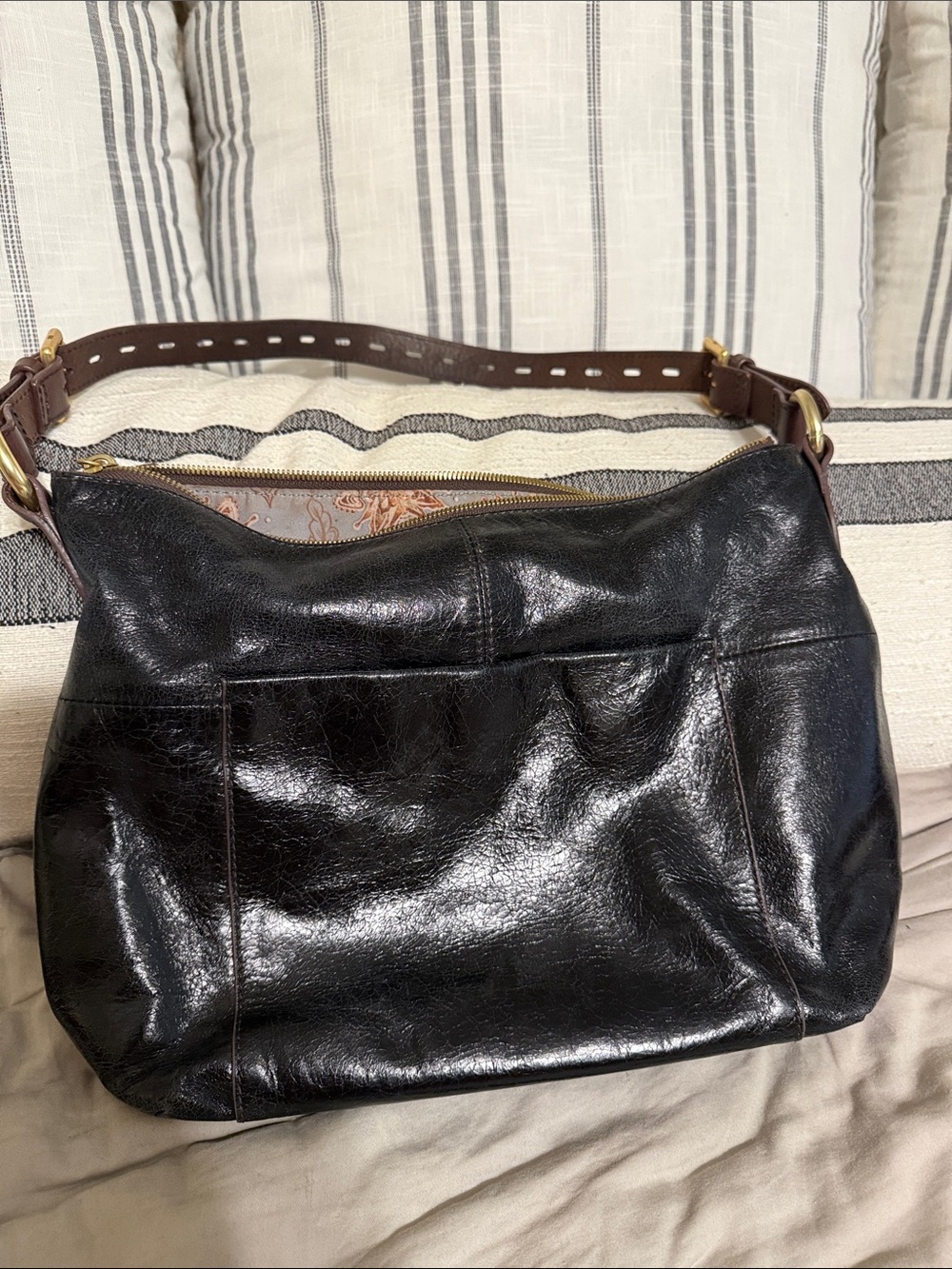 HOBO Black Leather Shoulder Bag with Brown Strap
